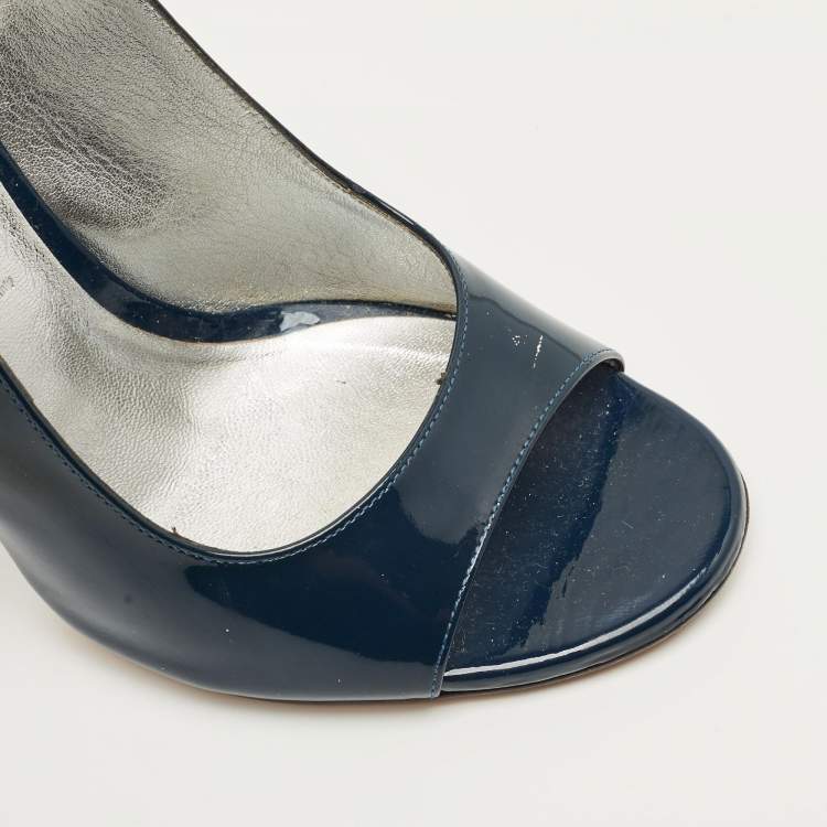 Pre Owned Casadei Navy Blue Patent Leather Open Toe Slingback Pumps Size 38