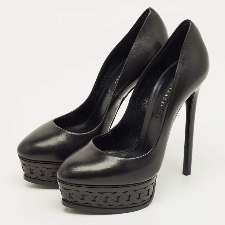 Pre Owned Casadei Black Leather  Peep Toe Platform Pumps Size 35.5