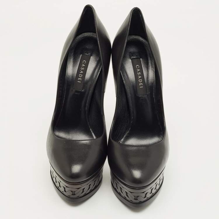 Pre Owned Casadei Black Leather  Peep Toe Platform Pumps Size 35.5