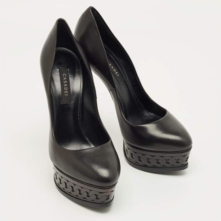 Pre Owned Casadei Black Leather  Peep Toe Platform Pumps Size 35.5