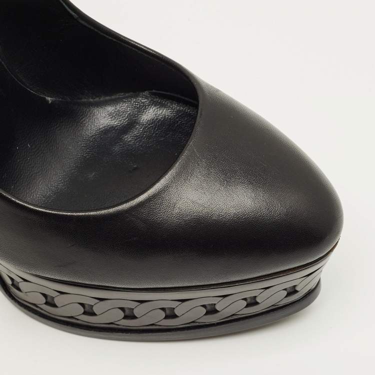 Pre Owned Casadei Black Leather  Peep Toe Platform Pumps Size 35.5