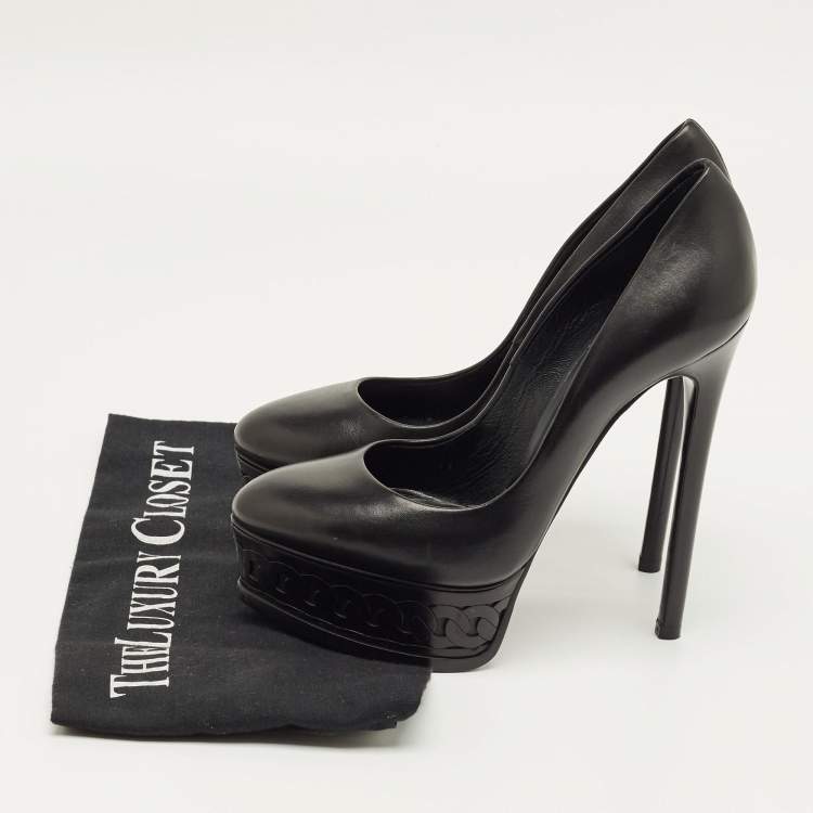Pre Owned Casadei Black Leather  Peep Toe Platform Pumps Size 35.5