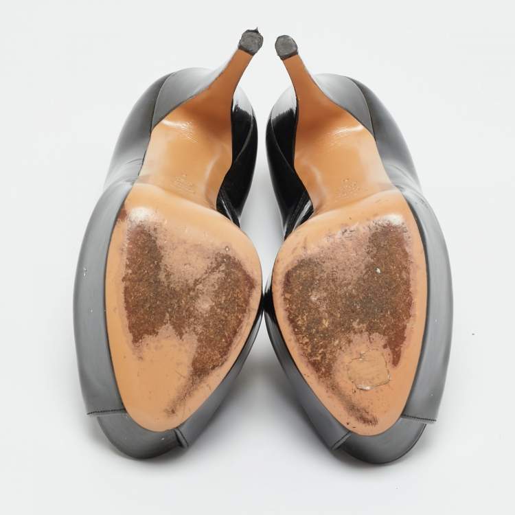 Pre Owned Casadei Size 36 Metallic Grey Patent Leather Peep Toe Pumps