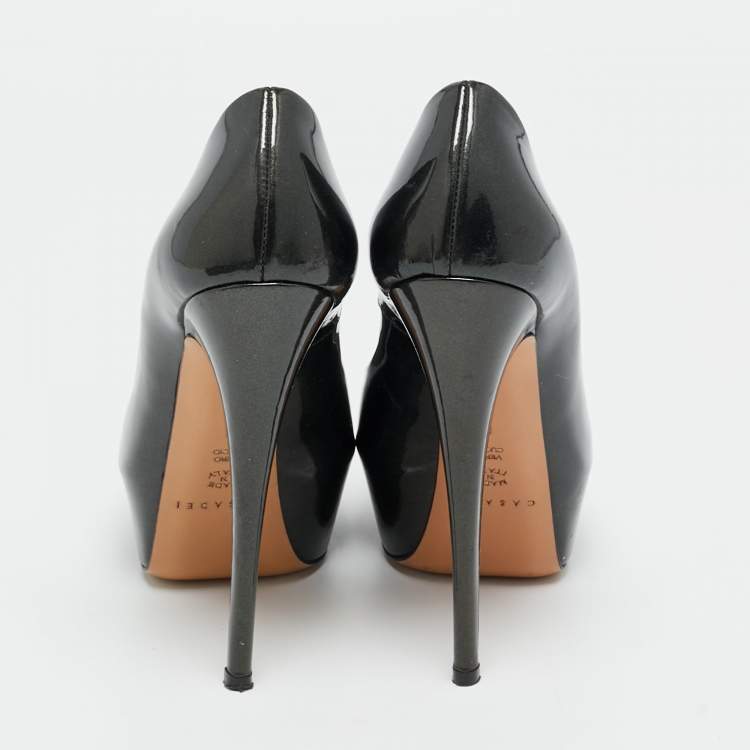 Pre Owned Casadei Size 36 Metallic Grey Patent Leather Peep Toe Pumps
