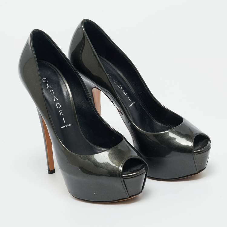 Pre Owned Casadei Size 36 Metallic Grey Patent Leather Peep Toe Pumps