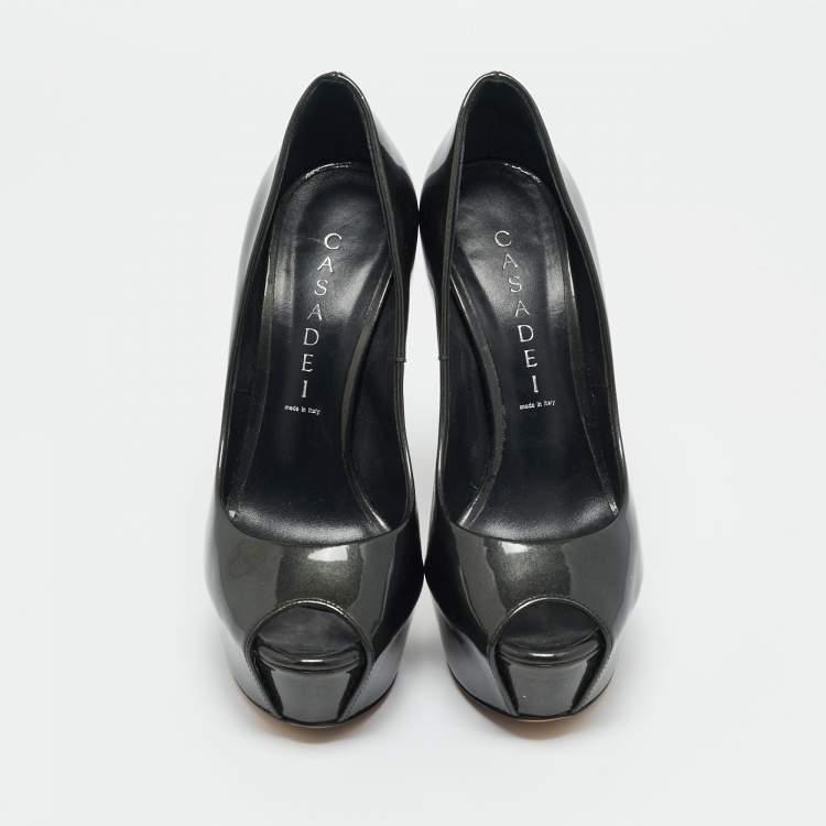 Pre Owned Casadei Size 36 Metallic Grey Patent Leather Peep Toe Pumps