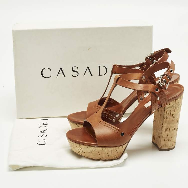 Pre Owned Casadei Size 40.5 Brown Leather T Strap Platform Sandals
