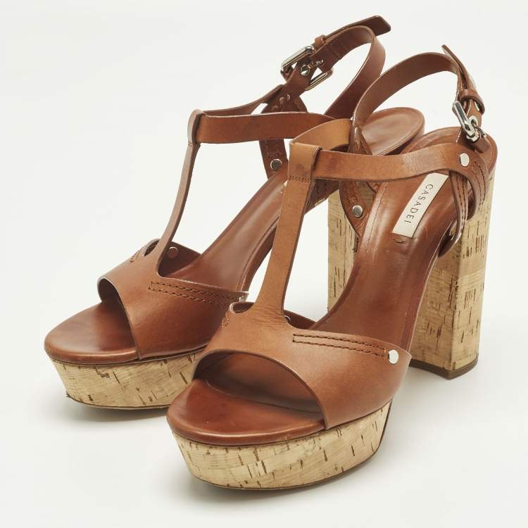 Pre Owned Casadei Size 40.5 Brown Leather T Strap Platform Sandals
