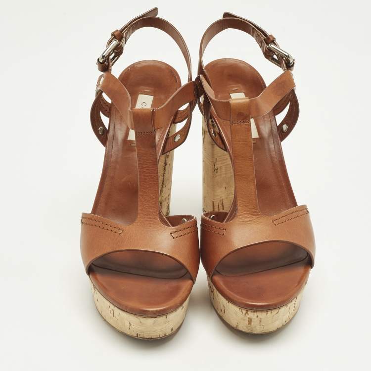 Pre Owned Casadei Size 40.5 Brown Leather T Strap Platform Sandals