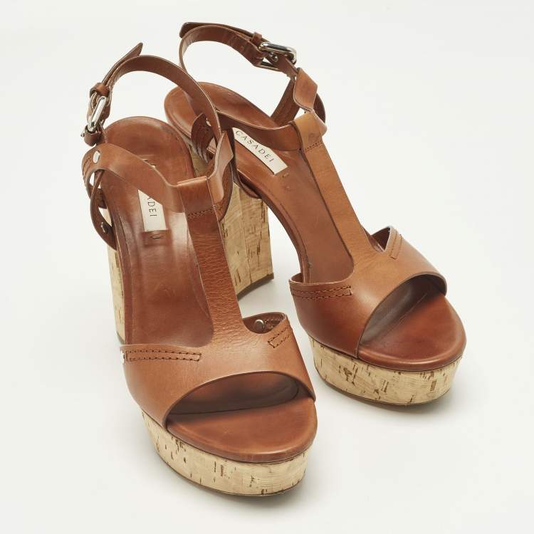 Pre Owned Casadei Size 40.5 Brown Leather T Strap Platform Sandals