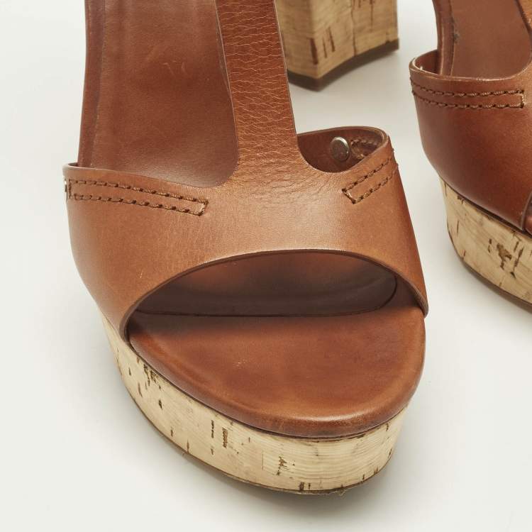 Pre Owned Casadei Size 40.5 Brown Leather T Strap Platform Sandals