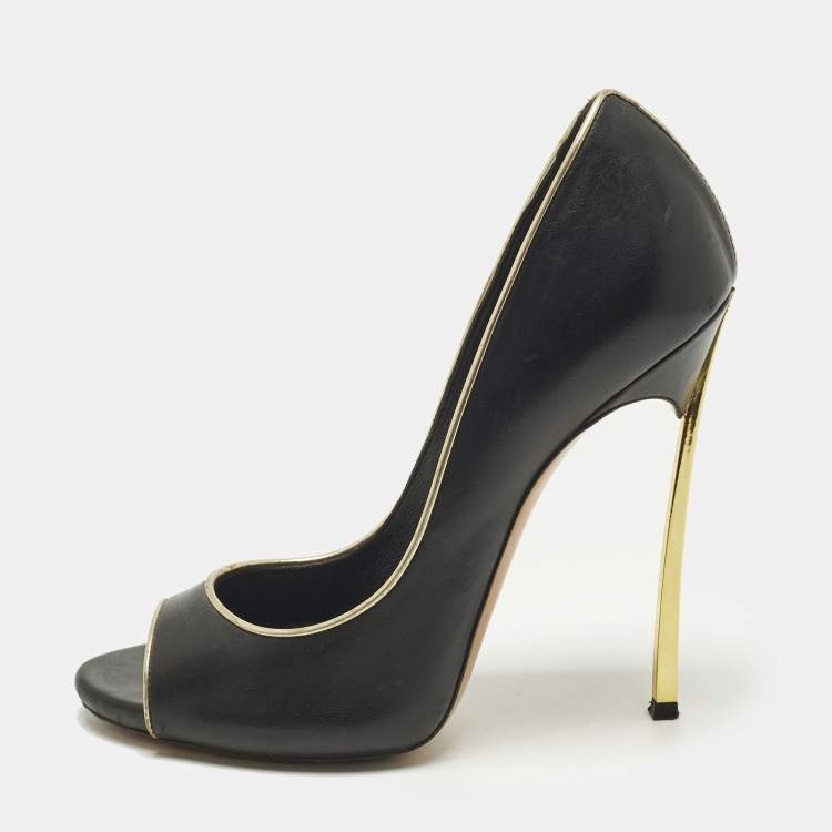 Pre Owned Casadei Blade Size 38 Black/Gold Leather Peep Toe Pumps