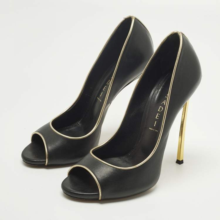 Pre Owned Casadei Blade Size 38 Black/Gold Leather Peep Toe Pumps