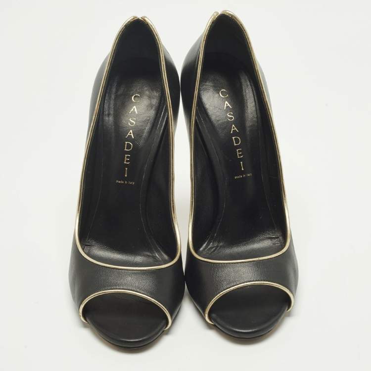 Pre Owned Casadei Blade Size 38 Black/Gold Leather Peep Toe Pumps
