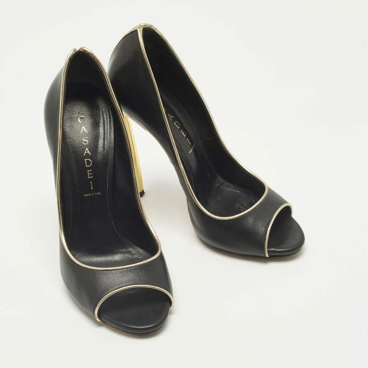 Pre Owned Casadei Blade Size 38 Black/Gold Leather Peep Toe Pumps
