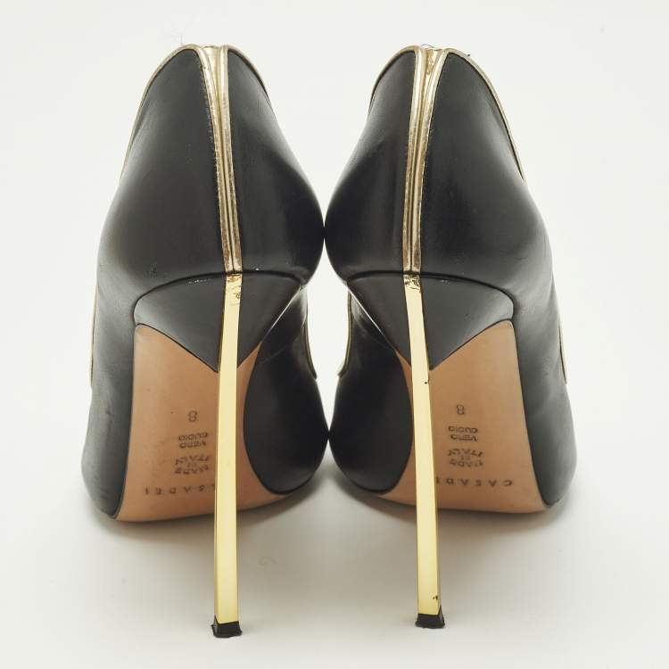 Pre Owned Casadei Blade Size 38 Black/Gold Leather Peep Toe Pumps