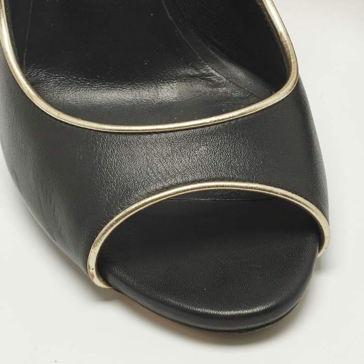 Pre Owned Casadei Blade Size 38 Black/Gold Leather Peep Toe Pumps