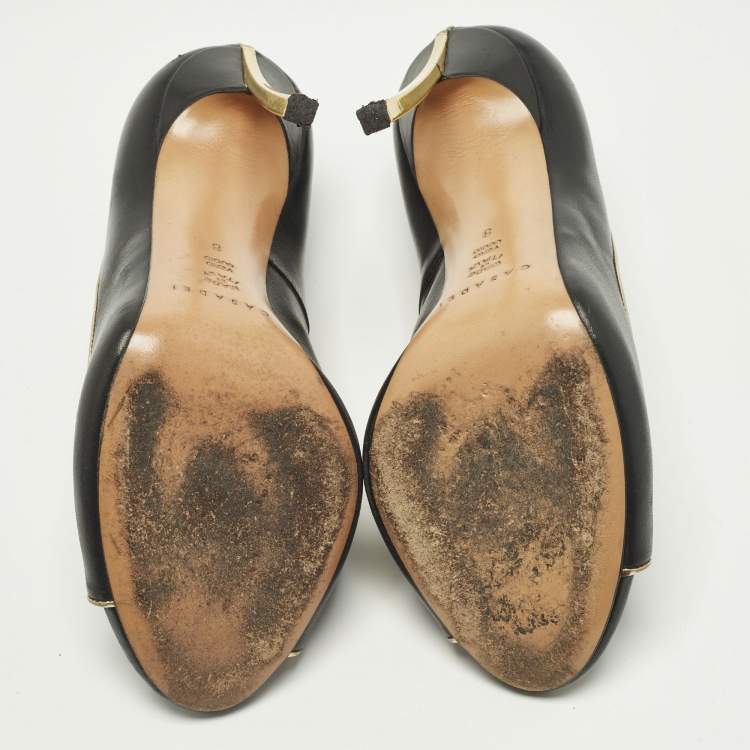 Pre Owned Casadei Blade Size 38 Black/Gold Leather Peep Toe Pumps