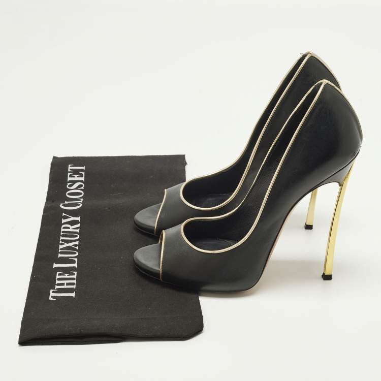 Pre Owned Casadei Blade Size 38 Black/Gold Leather Peep Toe Pumps