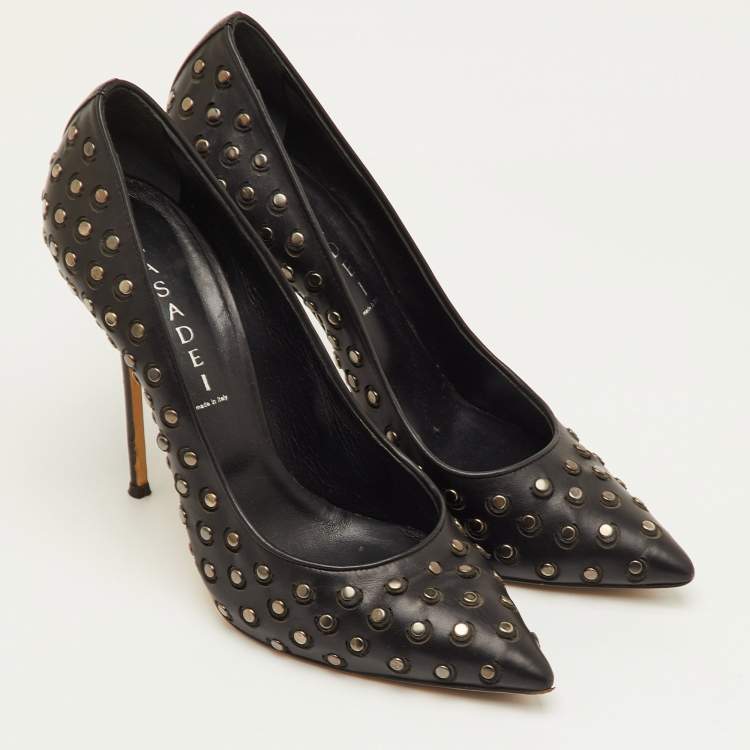 Pre Owned Casadei Size 40.5 Black Leather Studded Pointed Toe Pumps