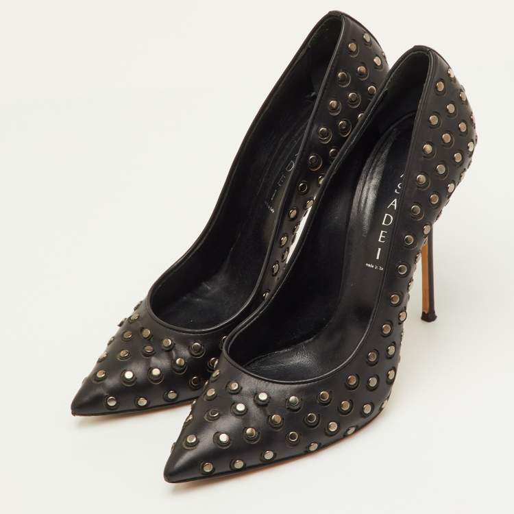 Pre Owned Casadei Size 40.5 Black Leather Studded Pointed Toe Pumps