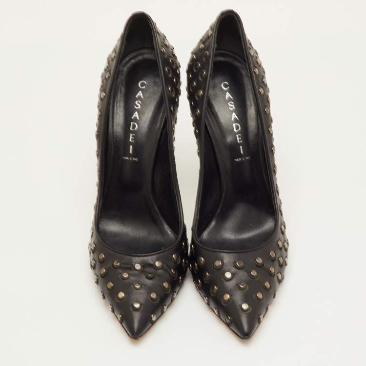 Pre Owned Casadei Size 40.5 Black Leather Studded Pointed Toe Pumps
