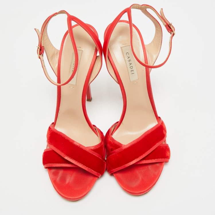 Pre Owned Casadei Size 38.5 Red Satin and Velvet Ankle Strap Sandals