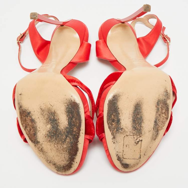 Pre Owned Casadei Size 38.5 Red Satin and Velvet Ankle Strap Sandals