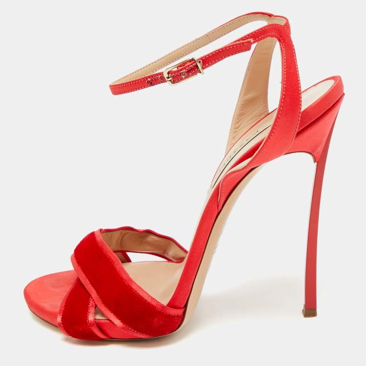 Pre Owned Casadei Size 38.5 Red Satin and Velvet Ankle Strap Sandals