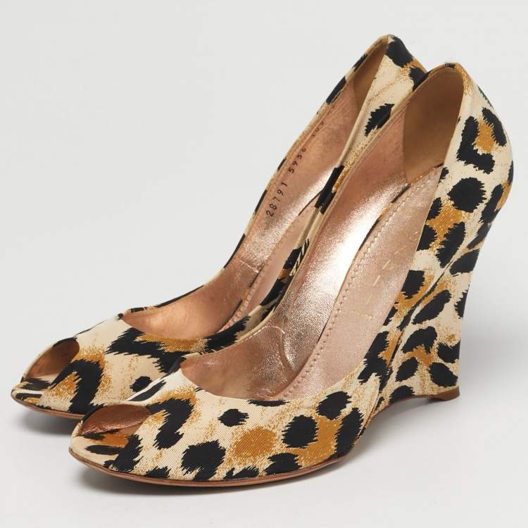 Pre Owned Casadei Size 40 Tricolor Canvas Wedge Peep Toe Pumps