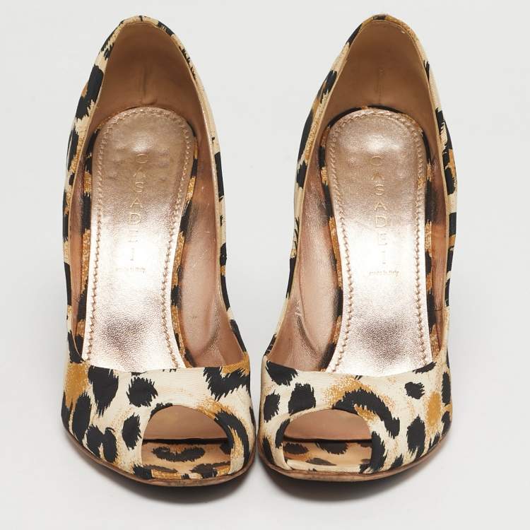 Pre Owned Casadei Size 40 Tricolor Canvas Wedge Peep Toe Pumps