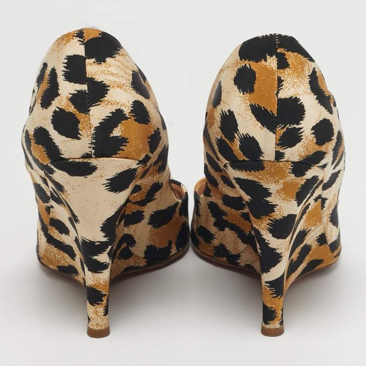 Pre Owned Casadei Size 40 Tricolor Canvas Wedge Peep Toe Pumps