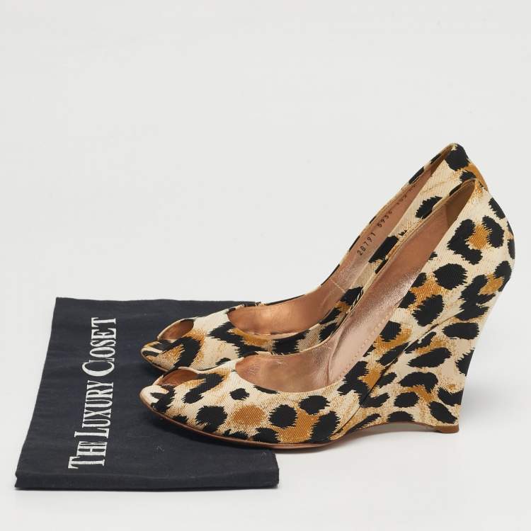 Pre Owned Casadei Size 40 Tricolor Canvas Wedge Peep Toe Pumps