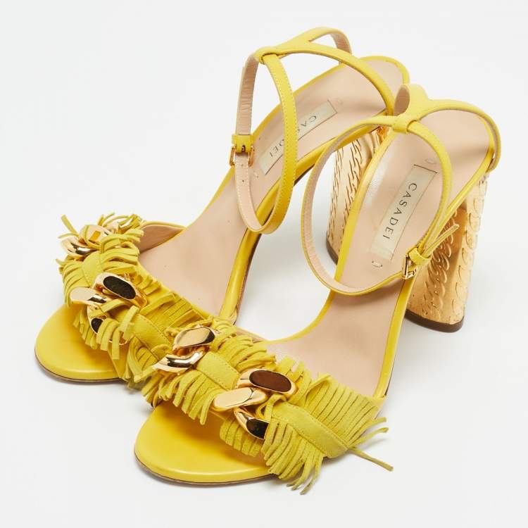 Pre Owned Casadei Size 38 Yellow Leather and Suede Fringe Ankle Strap Sandals
