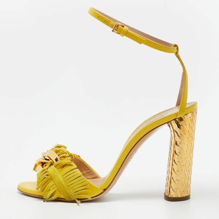 Pre Owned Casadei Size 38 Yellow Leather and Suede Fringe Ankle Strap Sandals