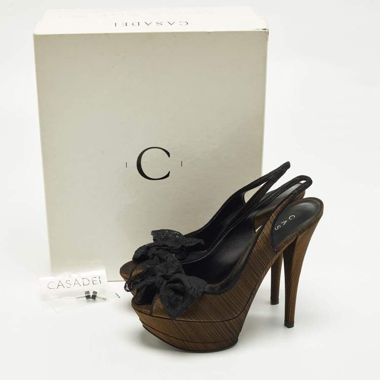 Pre Owned Casadei Bow Size 39 Gold/Black Fabric and Lace Platform Sandals