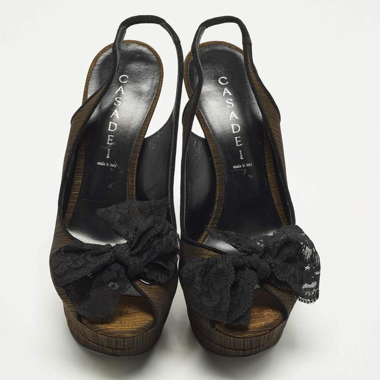 Pre Owned Casadei Bow Size 39 Gold/Black Fabric and Lace Platform Sandals