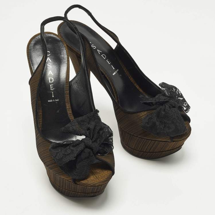Pre Owned Casadei Bow Size 39 Gold/Black Fabric and Lace Platform Sandals