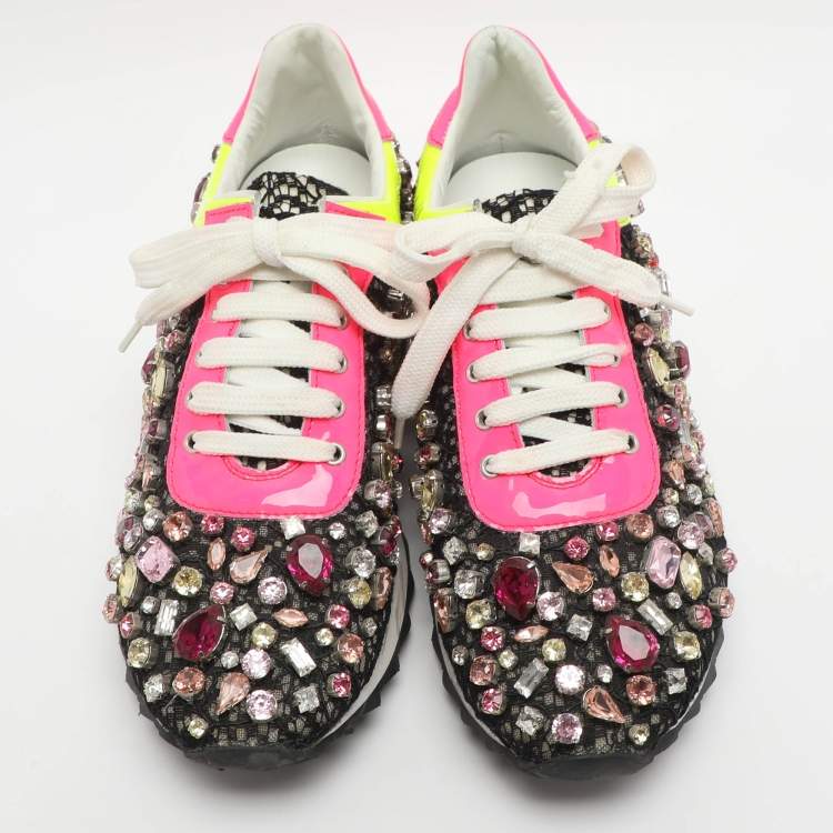 Pre Owned Casadei Size 37 Multicolor Crystals and Lace Low Top Sneakers