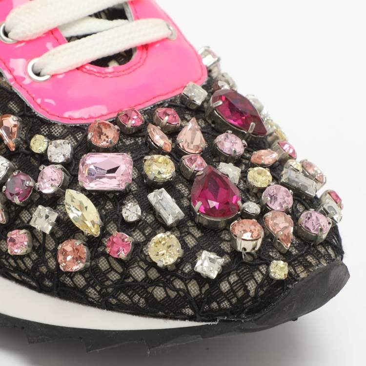 Pre Owned Casadei Size 37 Multicolor Crystals and Lace Low Top Sneakers