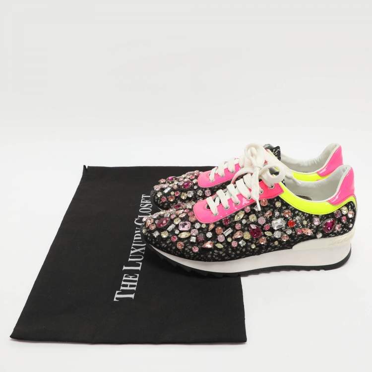 Pre Owned Casadei Size 37 Multicolor Crystals and Lace Low Top Sneakers
