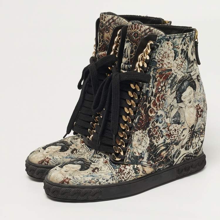 Pre Owned Casadei Size 39 Multicolor Printed Brocade Fabric Chain Link Lace Up Wedge Sneakers