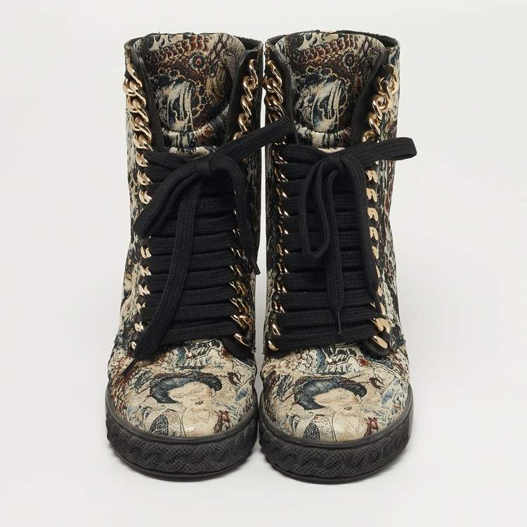 Pre Owned Casadei Size 39 Multicolor Printed Brocade Fabric Chain Link Lace Up Wedge Sneakers