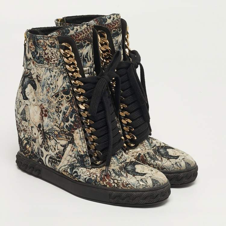 Pre Owned Casadei Size 39 Multicolor Printed Brocade Fabric Chain Link Lace Up Wedge Sneakers