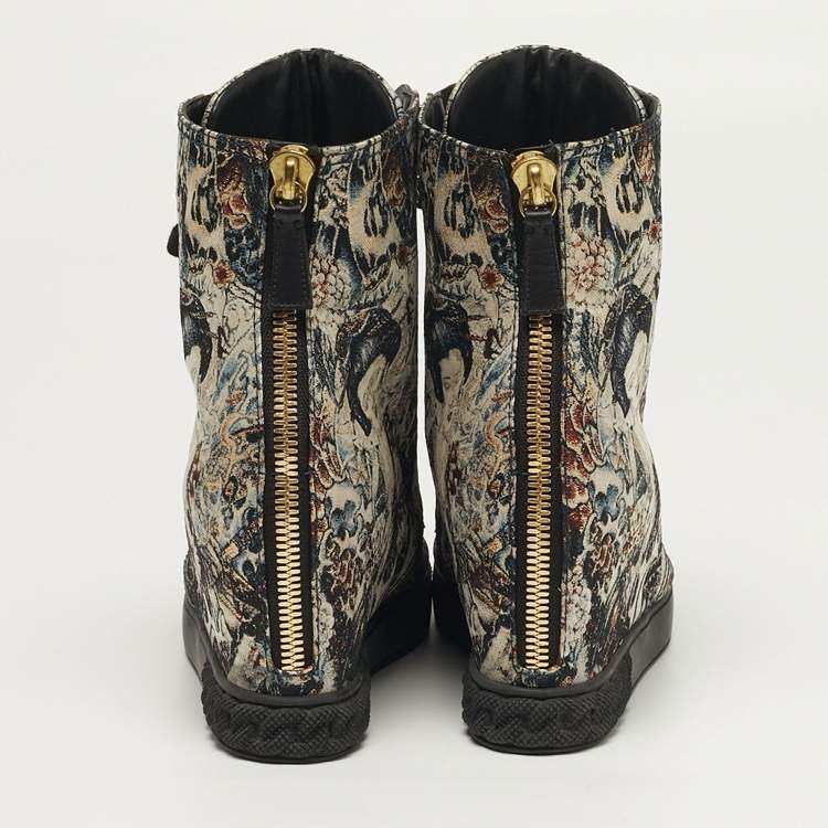 Pre Owned Casadei Size 39 Multicolor Printed Brocade Fabric Chain Link Lace Up Wedge Sneakers