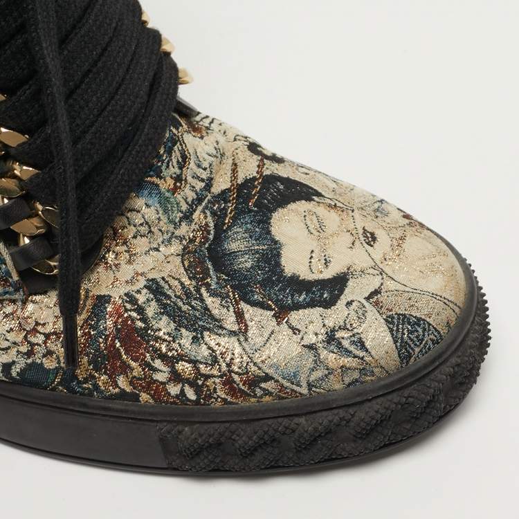 Pre Owned Casadei Size 39 Multicolor Printed Brocade Fabric Chain Link Lace Up Wedge Sneakers