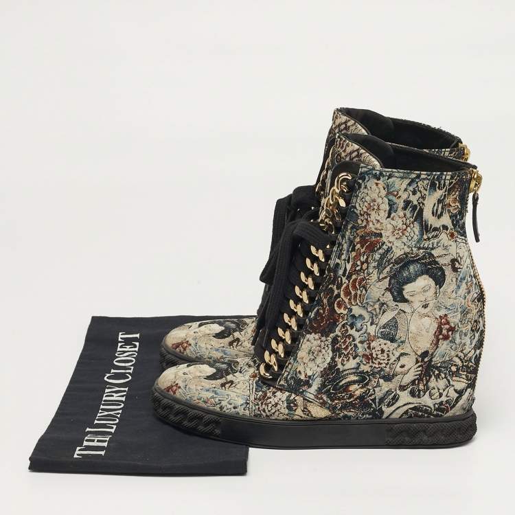 Pre Owned Casadei Size 39 Multicolor Printed Brocade Fabric Chain Link Lace Up Wedge Sneakers