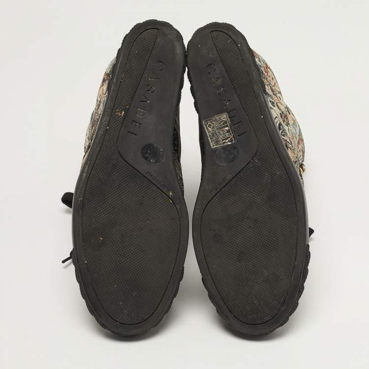 Pre Owned Casadei Size 39 Multicolor Printed Brocade Fabric Chain Link Lace Up Wedge Sneakers