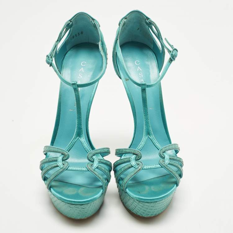 Pre Owned Casadei Size 39 Blue Python Leather Platform Ankle Sandals