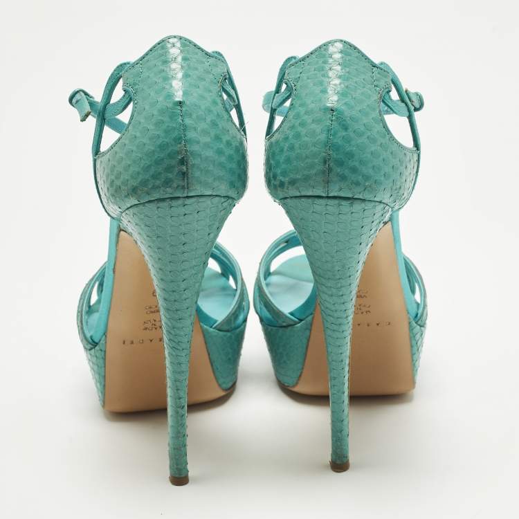 Pre Owned Casadei Size 39 Blue Python Leather Platform Ankle Sandals